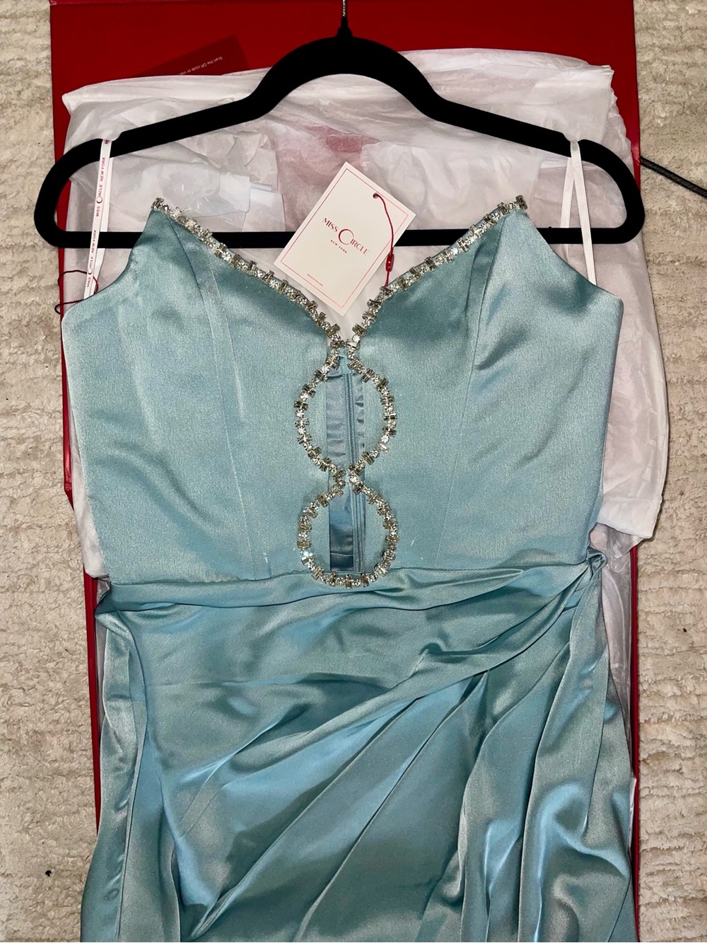 Miss Circle Satin, Bejeweled Evening Gown